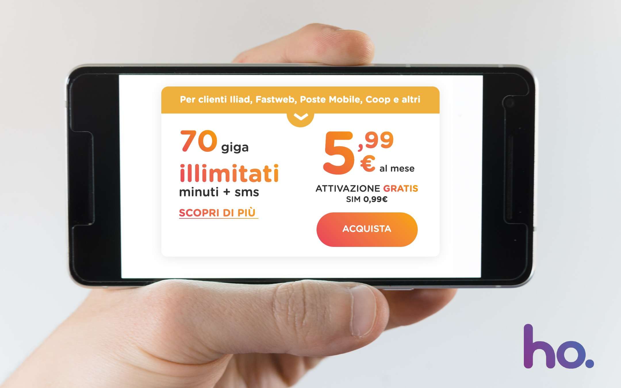 ho.mobile, disponibili minuti, sms e 70GB a 5,99€