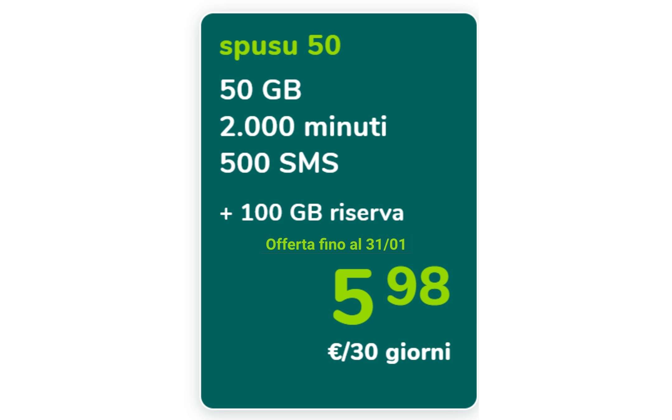 Spusu 50: prorogata la promo a meno di 6€ al mese