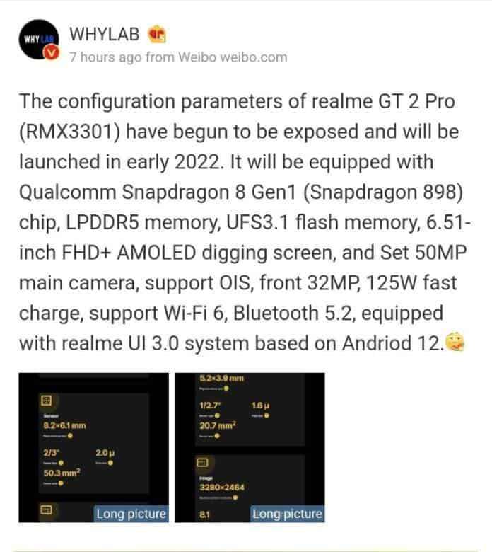 Realme GT 2 Pro WHYLAB Weibo leak