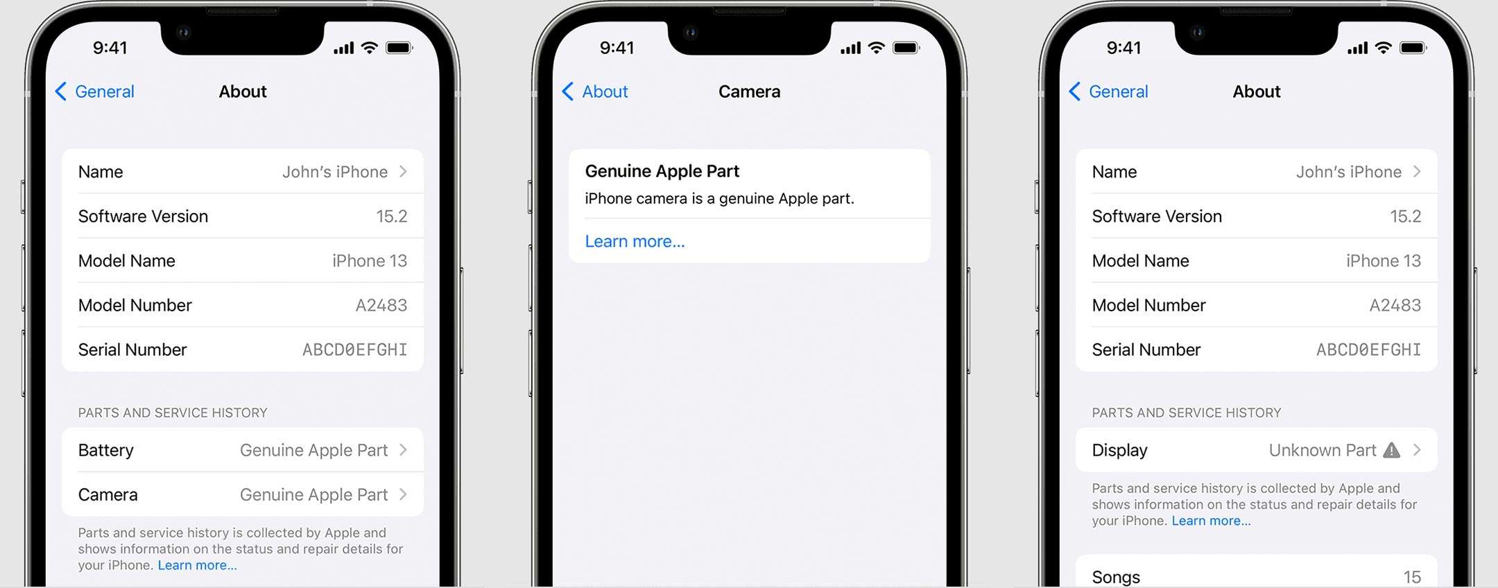 ios 15.2 parts and service history