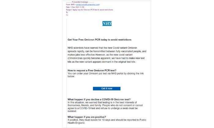 truffa-phishing-email-nhs-omicron-covid-19-test