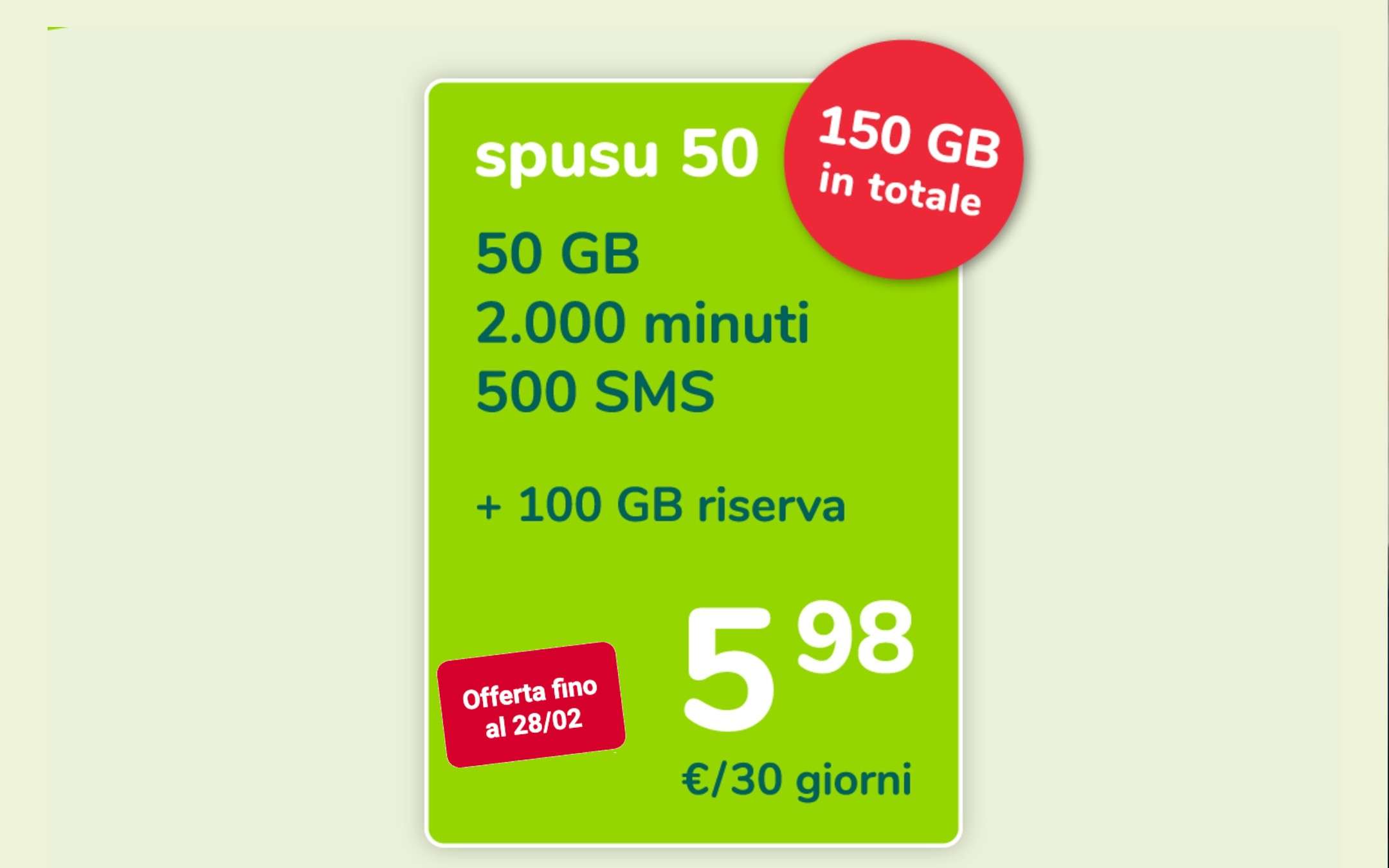 Spusu 50: PROMO a 5,98€ valida per tutto Febbraio!