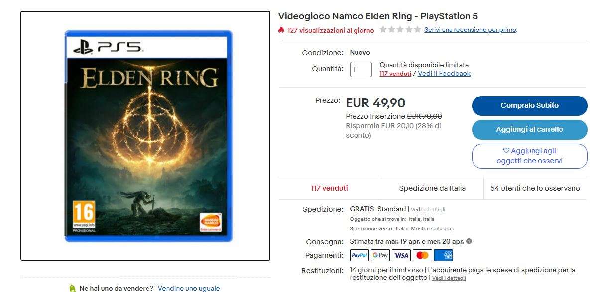 Elden Ring PS5 ebay offerta