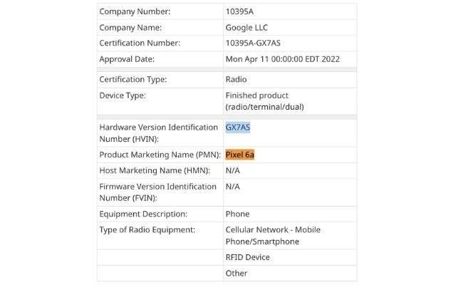 google pixel 6a fcc