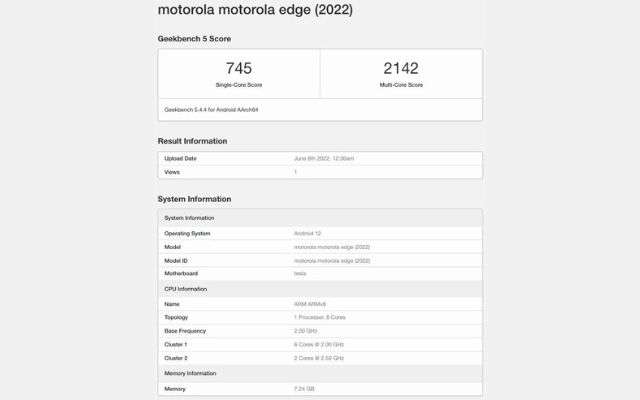 Motorola Edge (2022) Geekbench