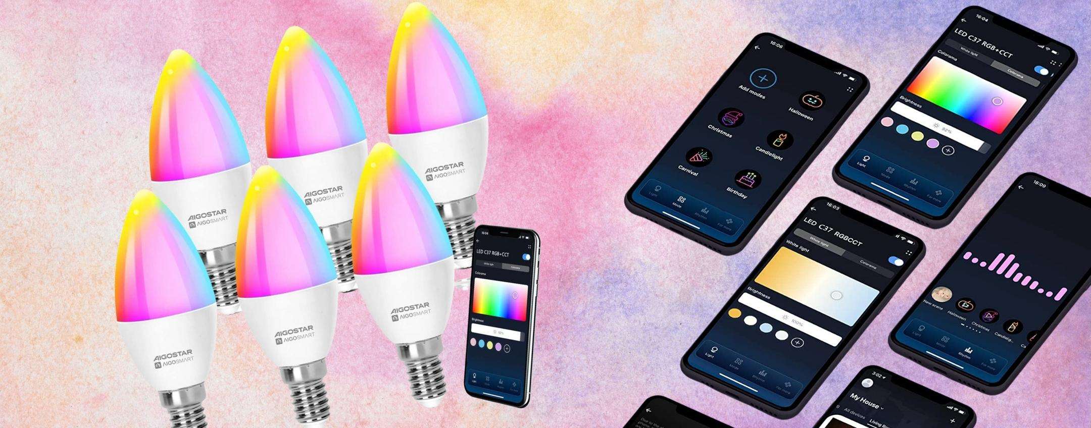 6 lampadine SMART E14 da 36 milioni di colori a soli 5€ l'una su Amazon