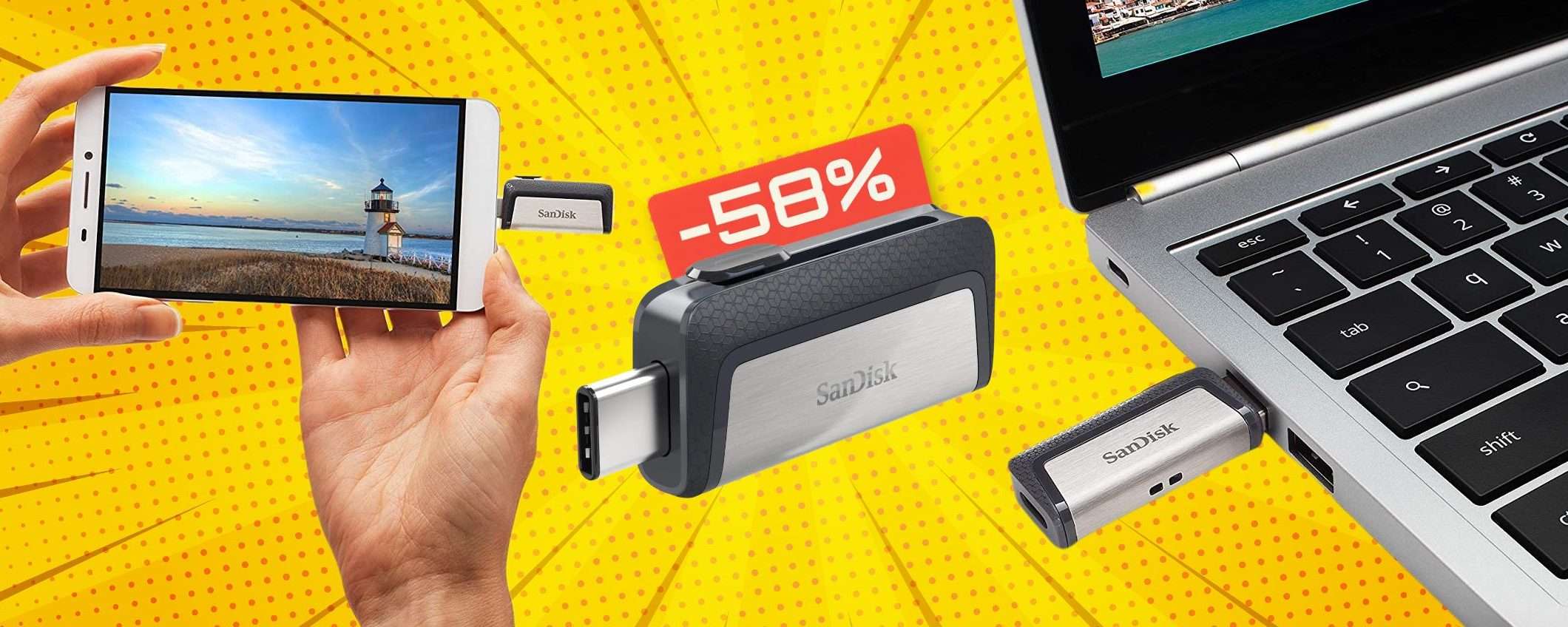 Chiavetta USB 64GB a 2 uscite: la BOMBA del Cyber Monday a 15€