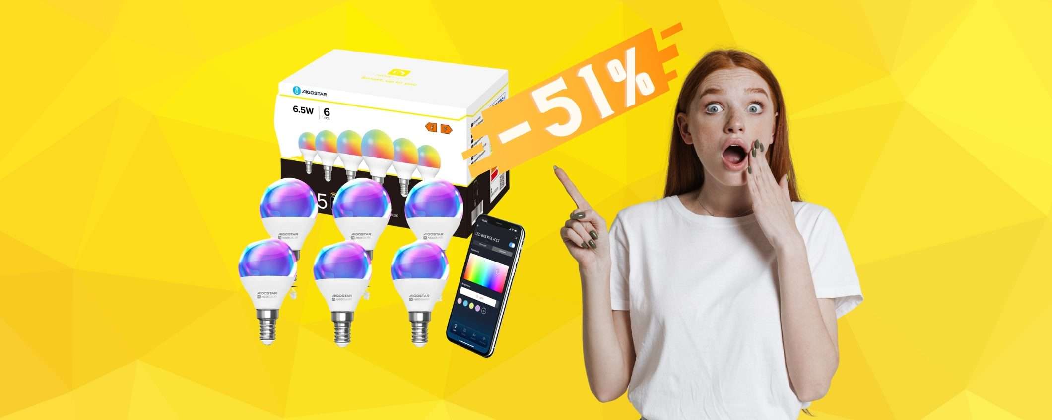 Amazon BOOM: 6 lampadine WiFi colorate a 23€