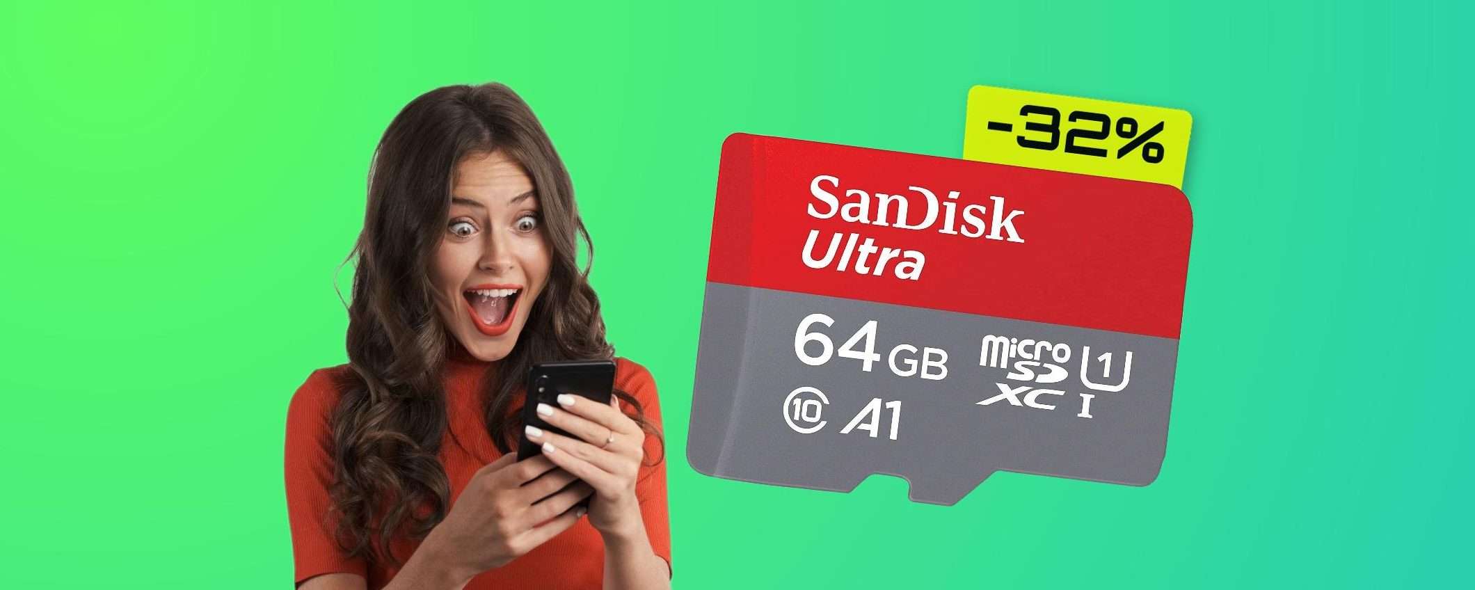 MicroSD 64GB, un PORTENTO: bastano appena 12 euro (SCONTO 32%)