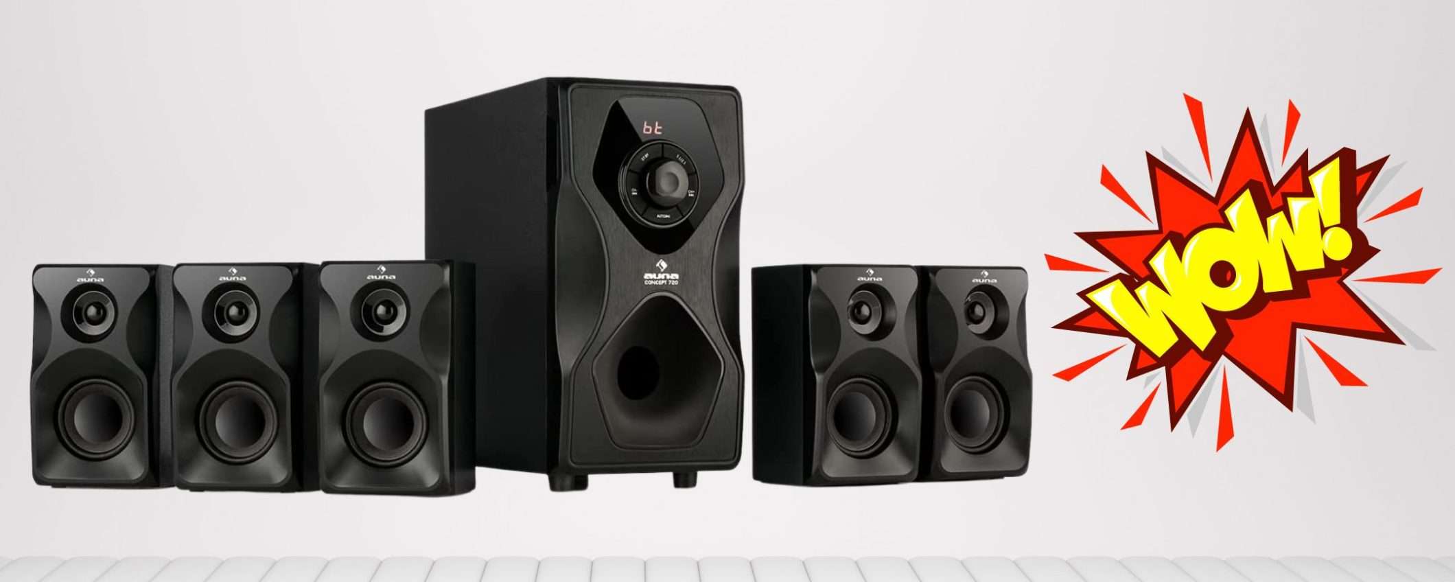 Amazon, FOLLIA a fine anno: 47€ per l'home theater 5.1 da 95W (6 pezzi)