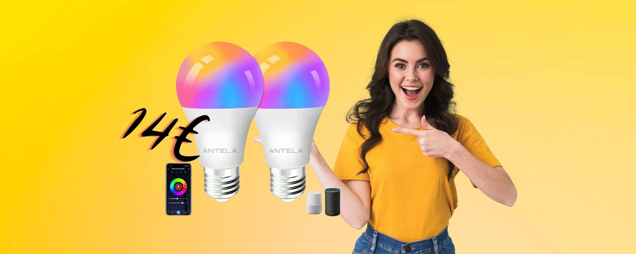 2 lampadine smart multicolor: accendi la luce con la voce con solo 14€