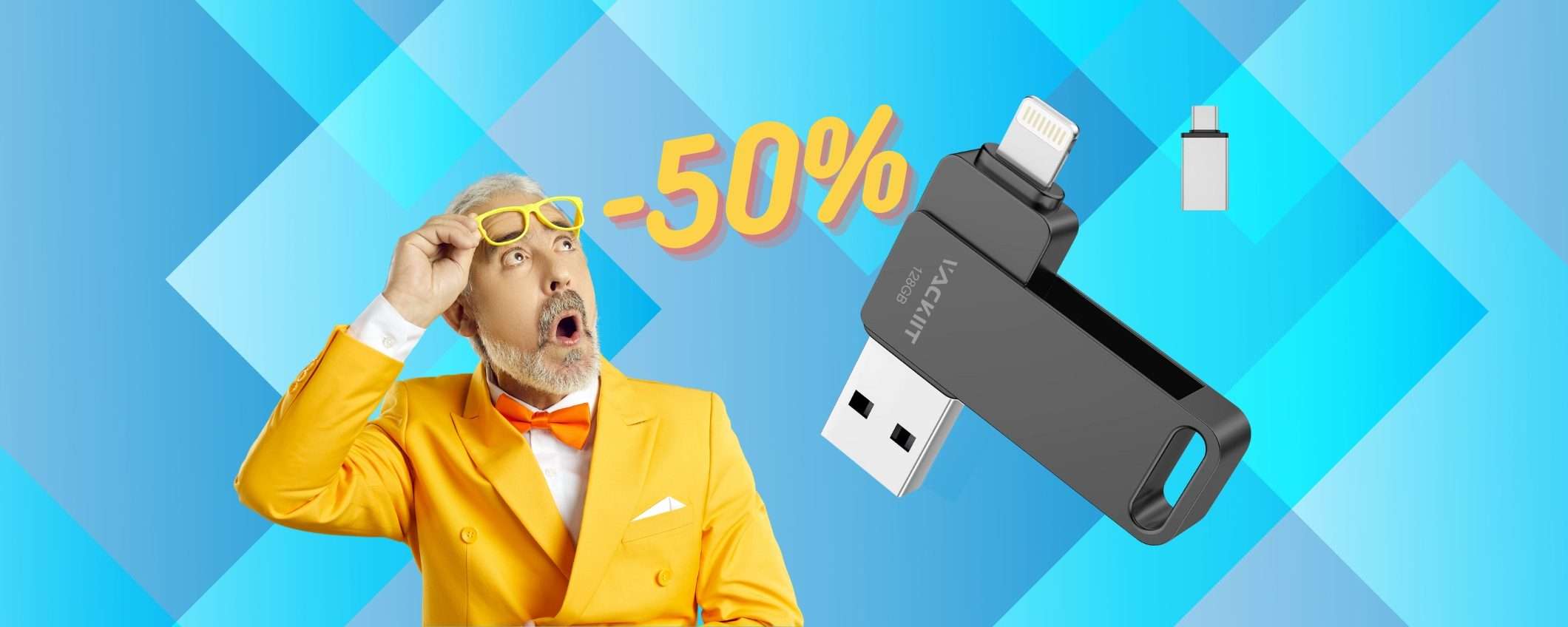 Chiavetta USB da 128GB 3 in 1 per iPhone, PC e Android al 50% in MENO