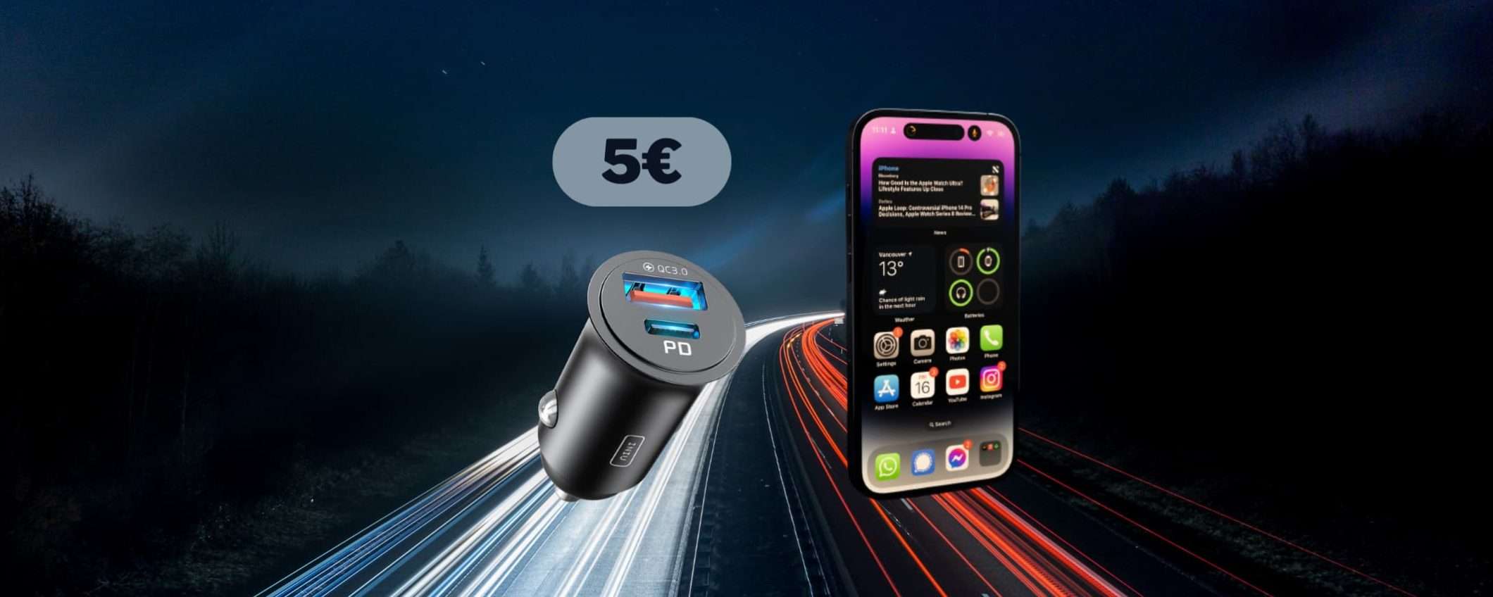 Caricatore auto USB-C 30W per iPhone e Android a 5€ con questo COUPON