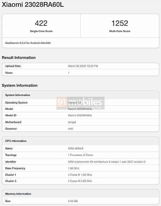 Redmi Note 12 Geekbench