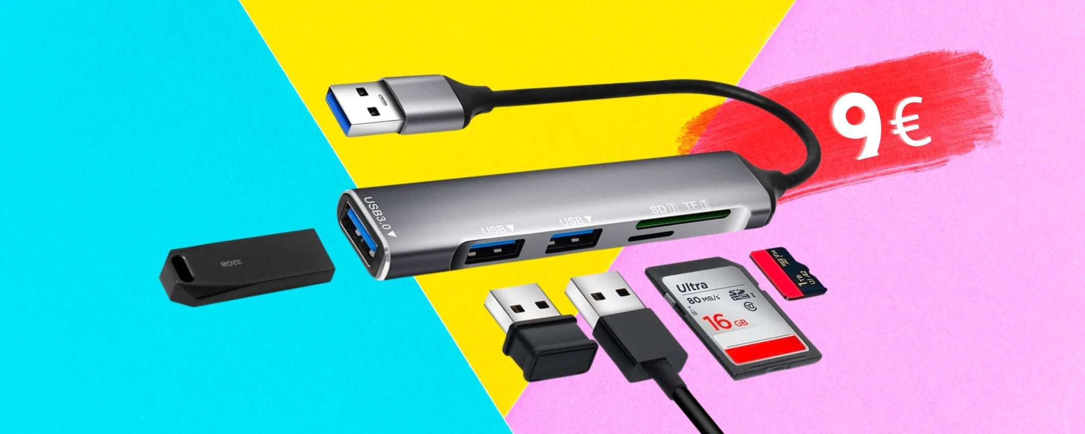 Hub USB 5 in 1 per non avere più problemi al PC, spendi SOLO 9€