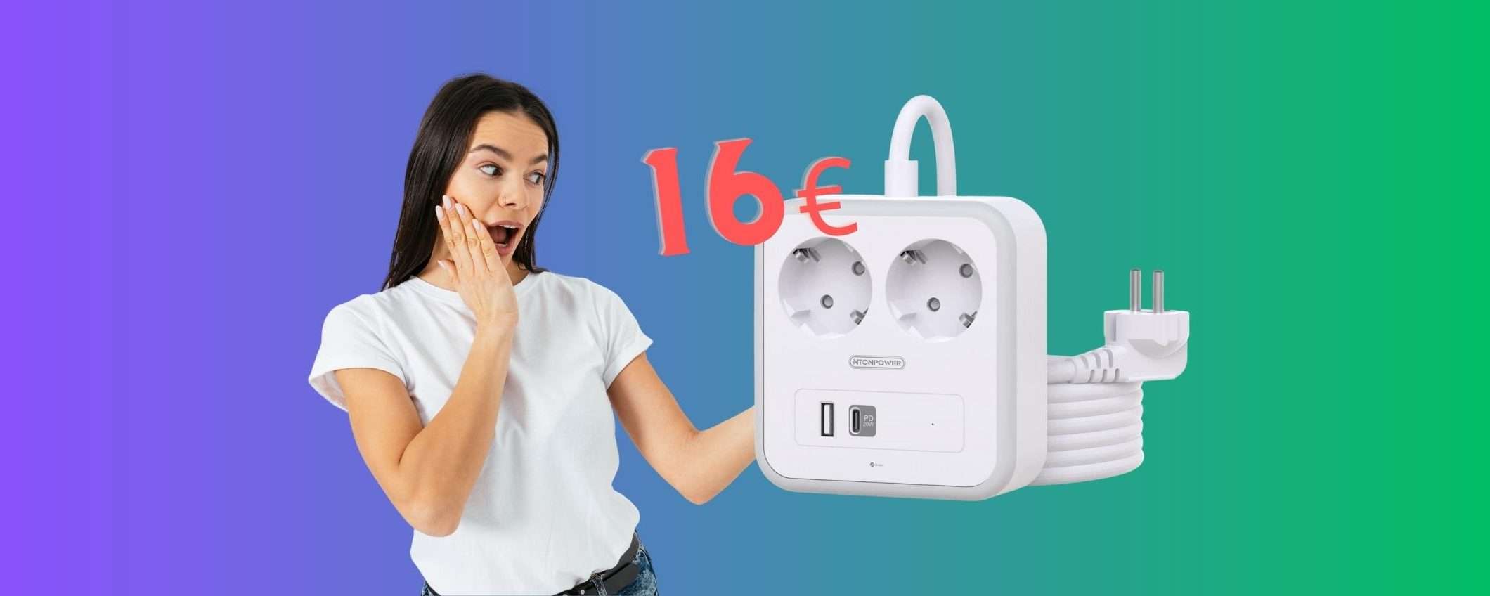 Ciabatta con 2 prese, 1 porta USB e 1 UBS-C PD al 58% su Amazon