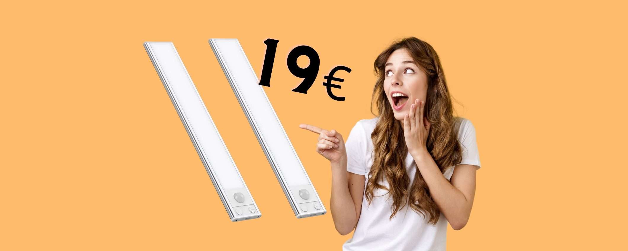 Luci LED per armadi e cassetti con sensore di movimento, 2 Pz a 19€