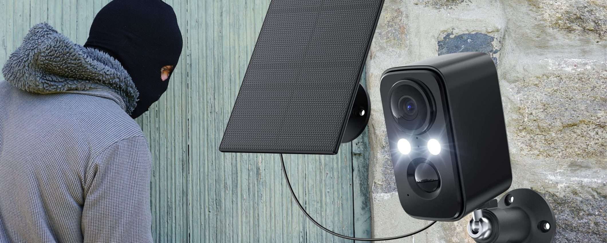 Videocamera di sicurezza solare con faro a 39€: niente SCAMPO per i ladri