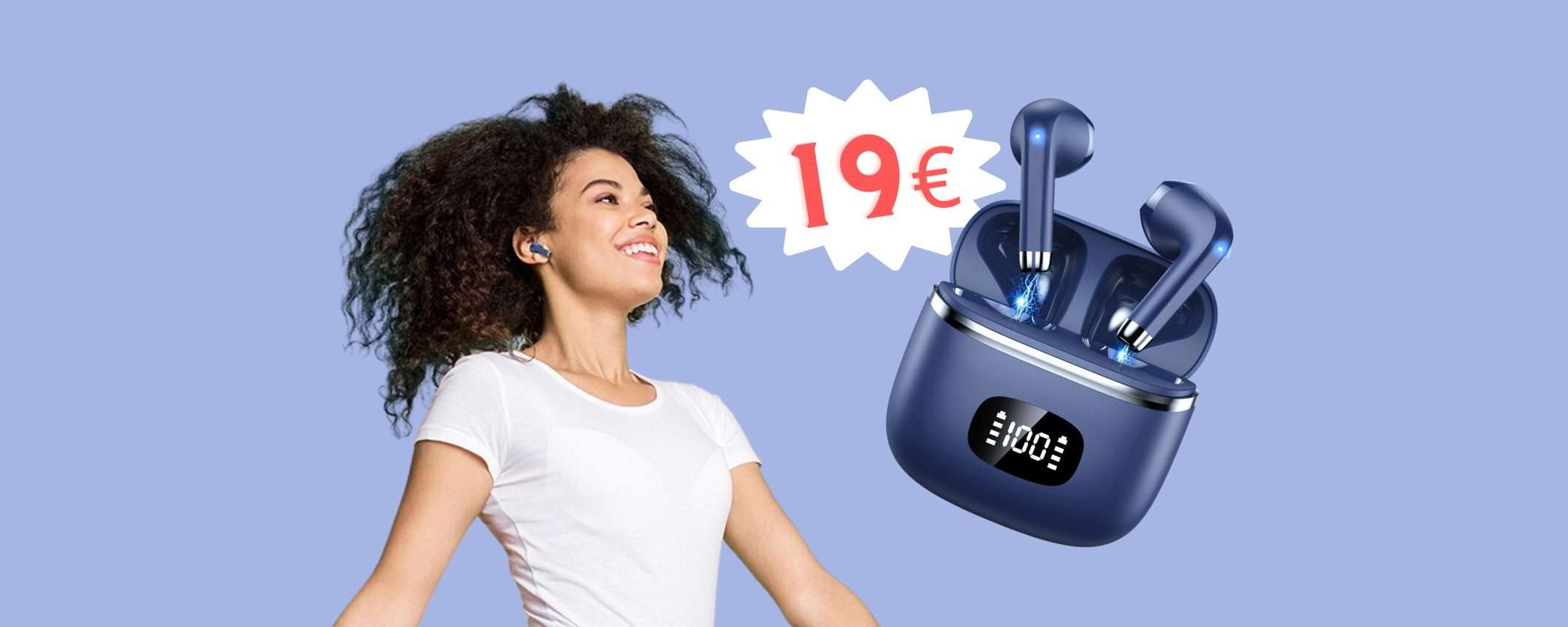 Auricolari wireless con ricarica singola da 7h e impermeabili a 19€