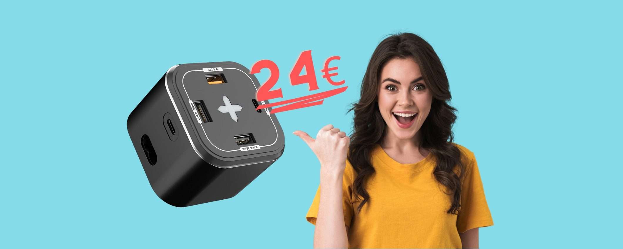 Caricatore compatto da 65W con 5 porte a soli 24€ su Amazon