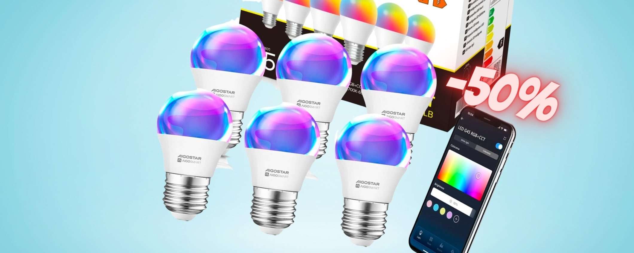 6 lampadine SMART che cambiano colore, pacco RISPARMIO al 50%