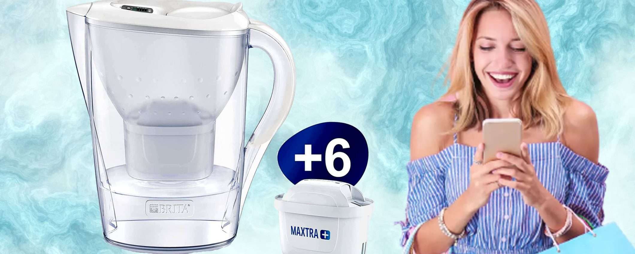 Caraffa filtrante da 2.4 litri in offerta con 6 filtri inclusi (-40%)