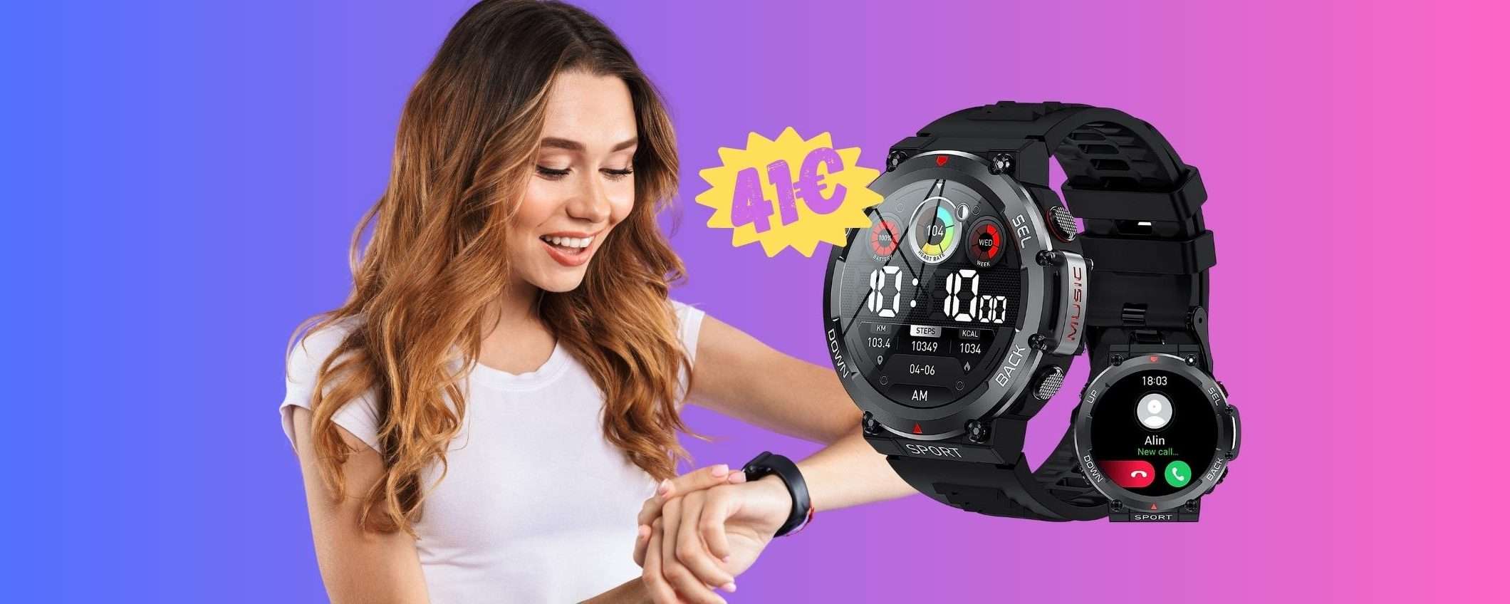 Smartwatch con risposta vivavoce e oltre 100 profili sport a 41€