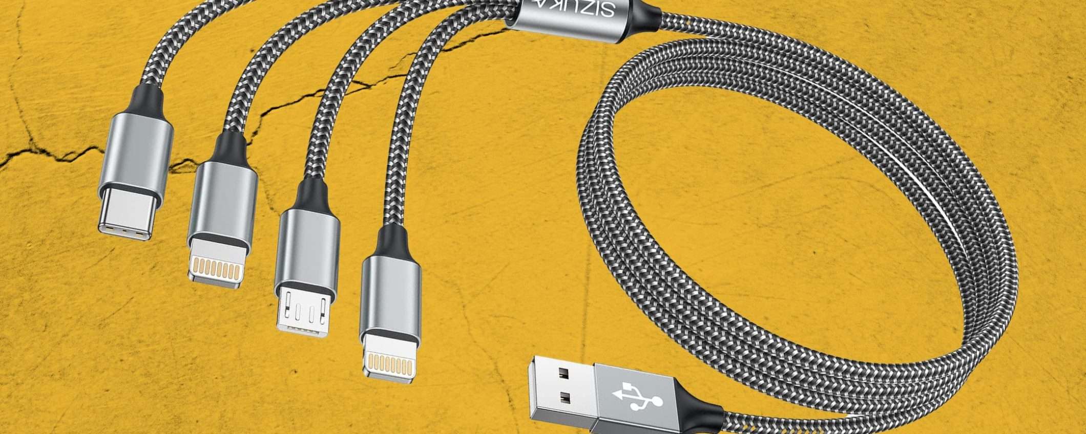 Cavo USB 4 in 1 rinforzato (quasi) GRATIS su Amazon: prendilo al volo (5€)