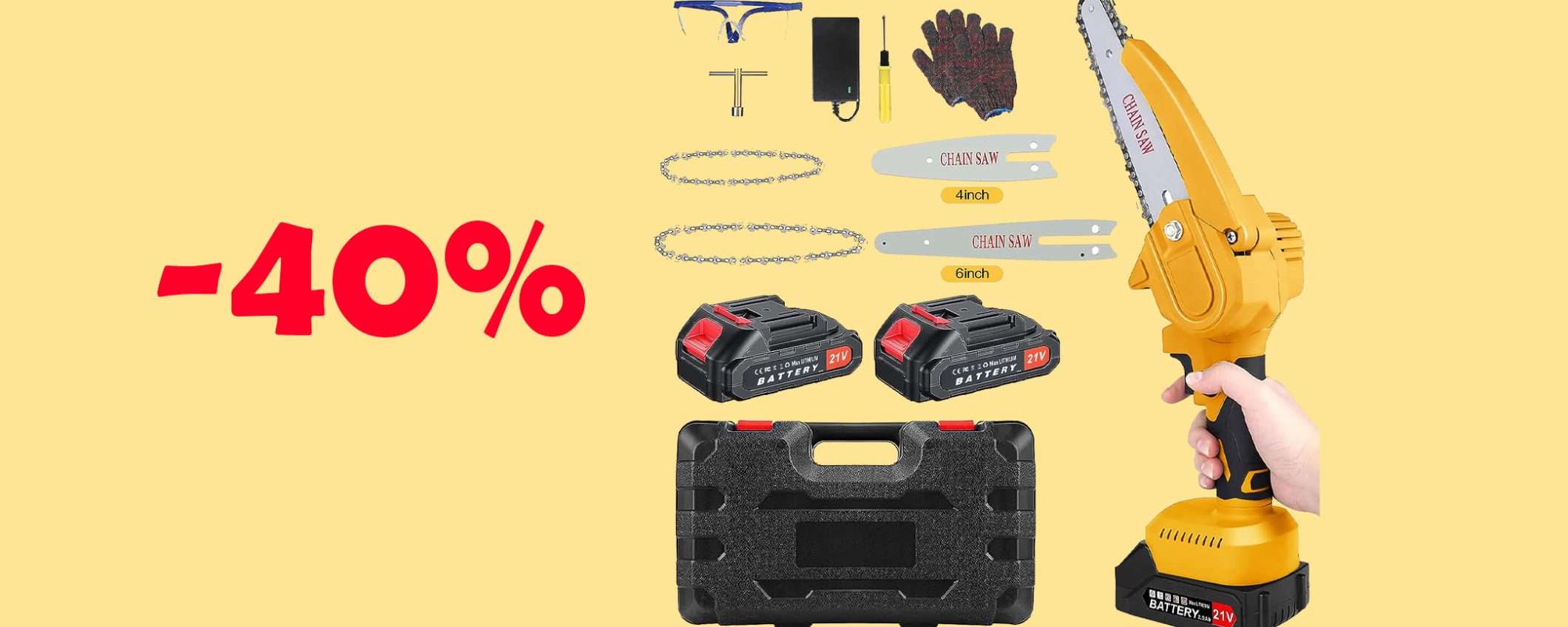 Mini motosega portatile con batteria: sconto BOMBA del 40%