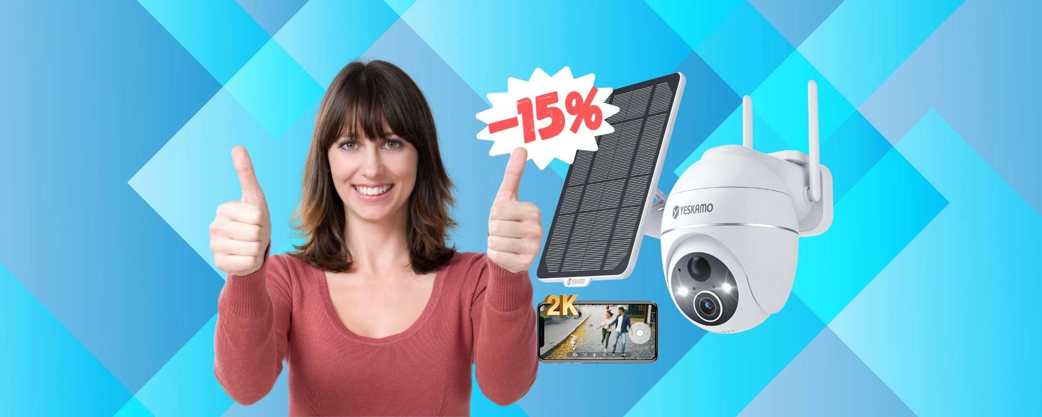 Telecamera WiFi senza fili con pannello solare in OFFERTA a 67€