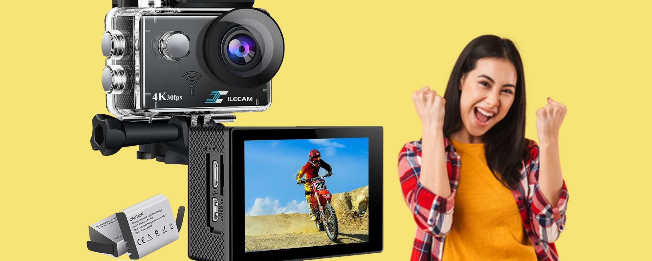 Action Cam 4K con accessori e 2 batterie al prezzo RIDICOLO