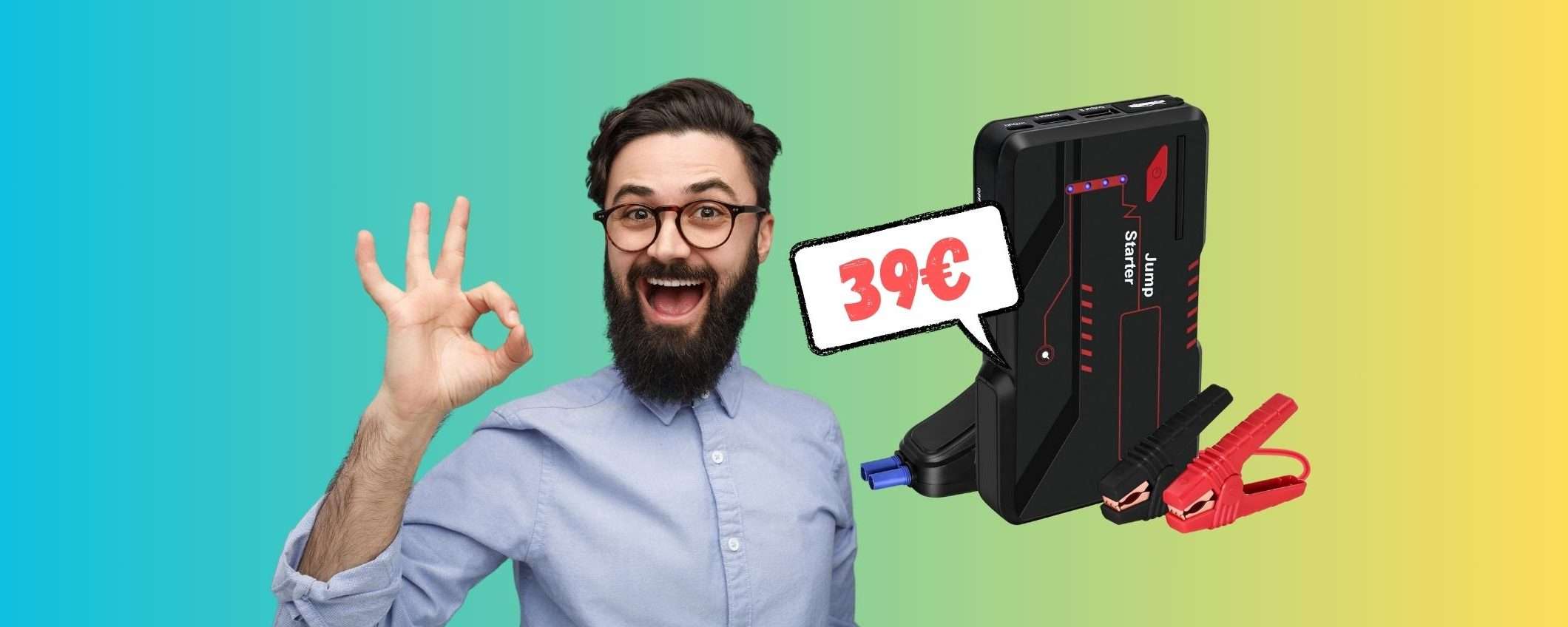 Booster d'emergenza, power bank e torcia, tutto in 1 a 39€