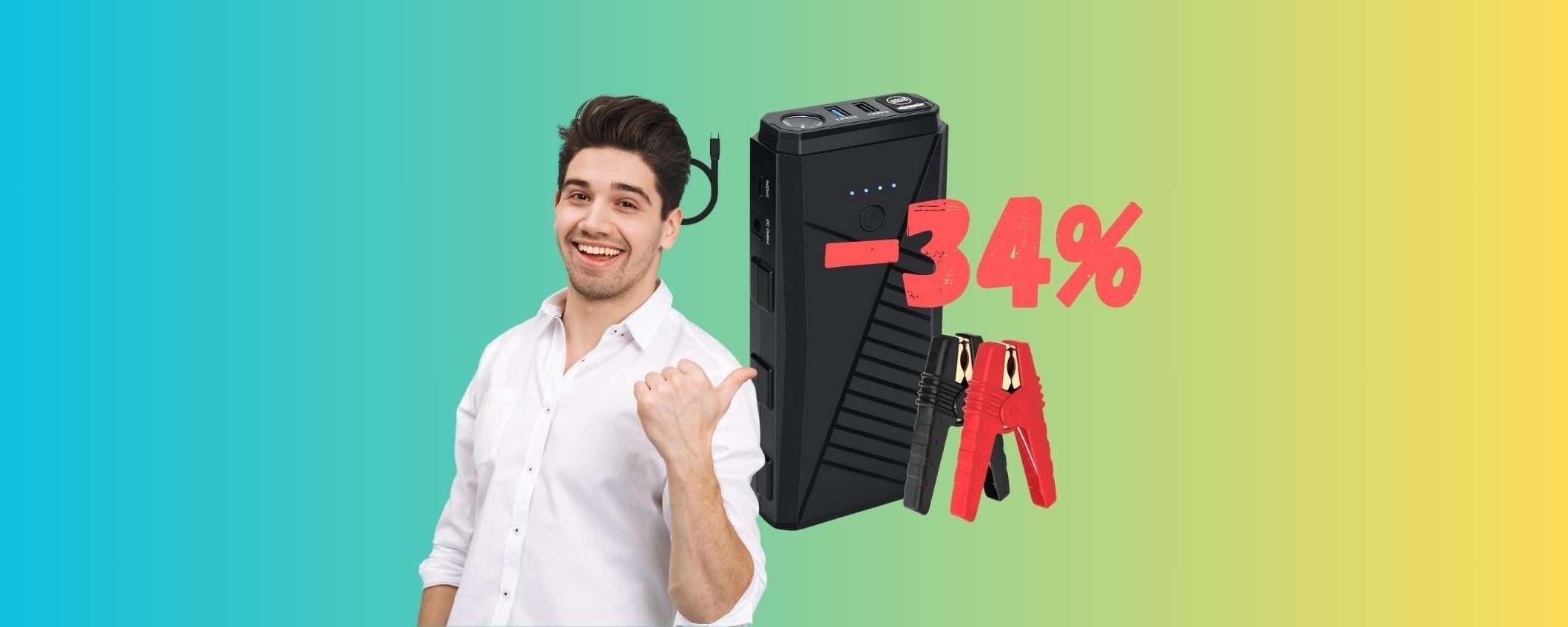 Avviatore di emergenza portatile, powerbank e torcia LED (34%)