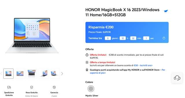 honor magicbook x 16 200 euro sconto