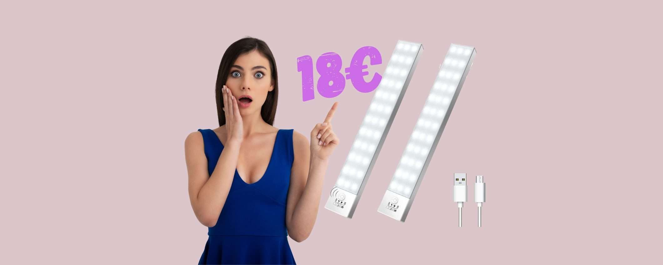 Luci per armadi e cassetti con sensore di movimento, 2 PZ a 18€