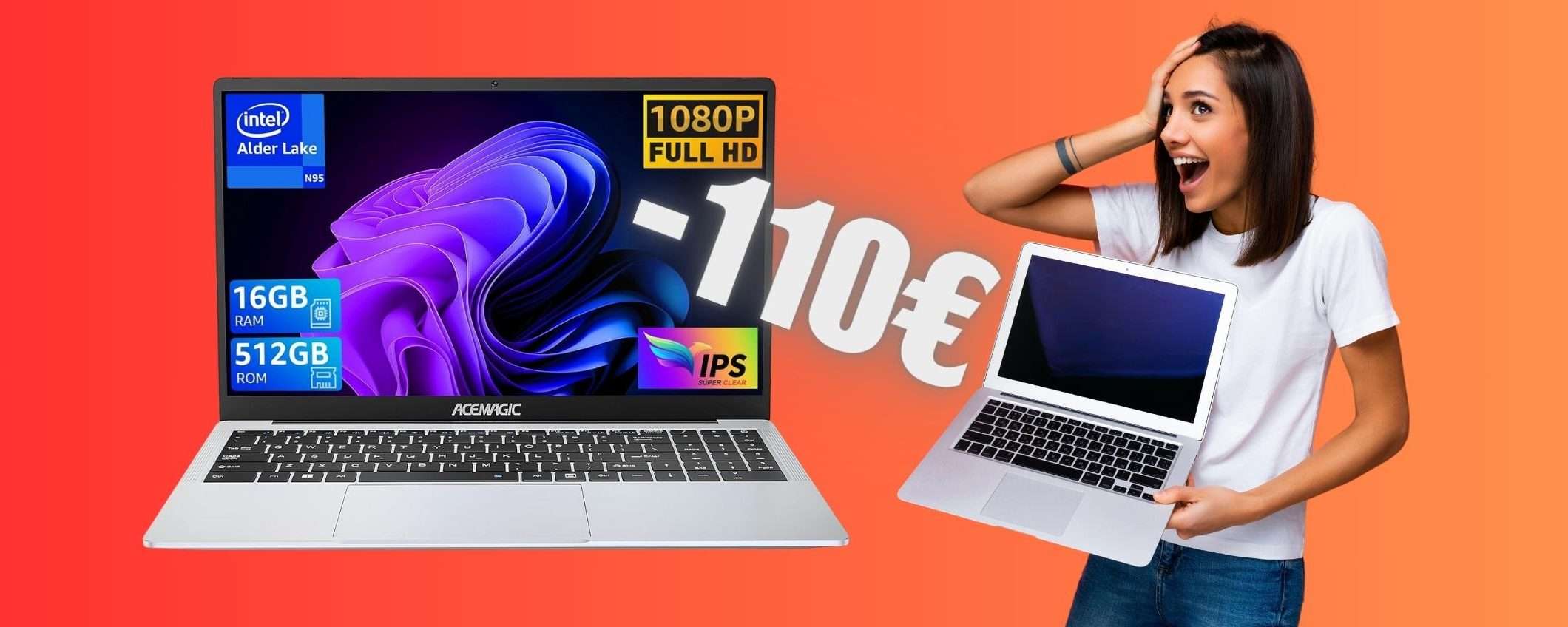 Portatile da 15,6 pollici FHD, CPU Intel e 16GB di RAM a -110€