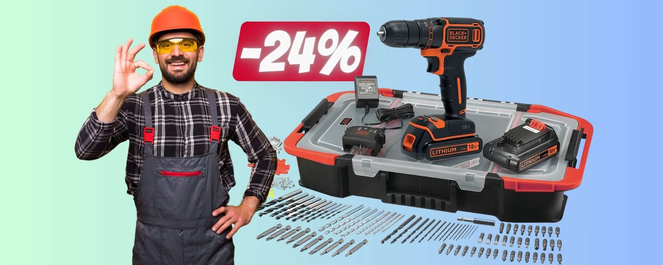 BLACK+DECKER: trapano avvitatore con 2 batterie e 160 accessori (-24%)