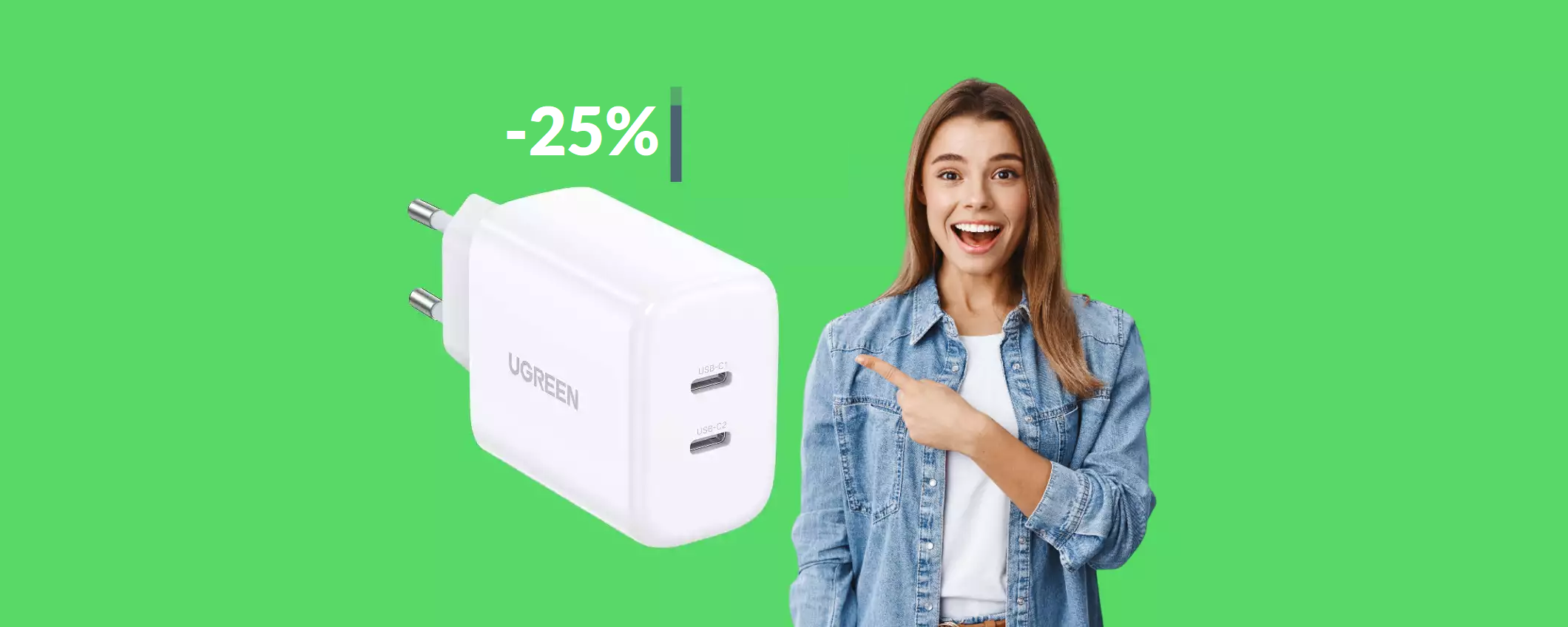 Caricabatterie USB C a 2 ingressi: oggi è tuo con appena 22€