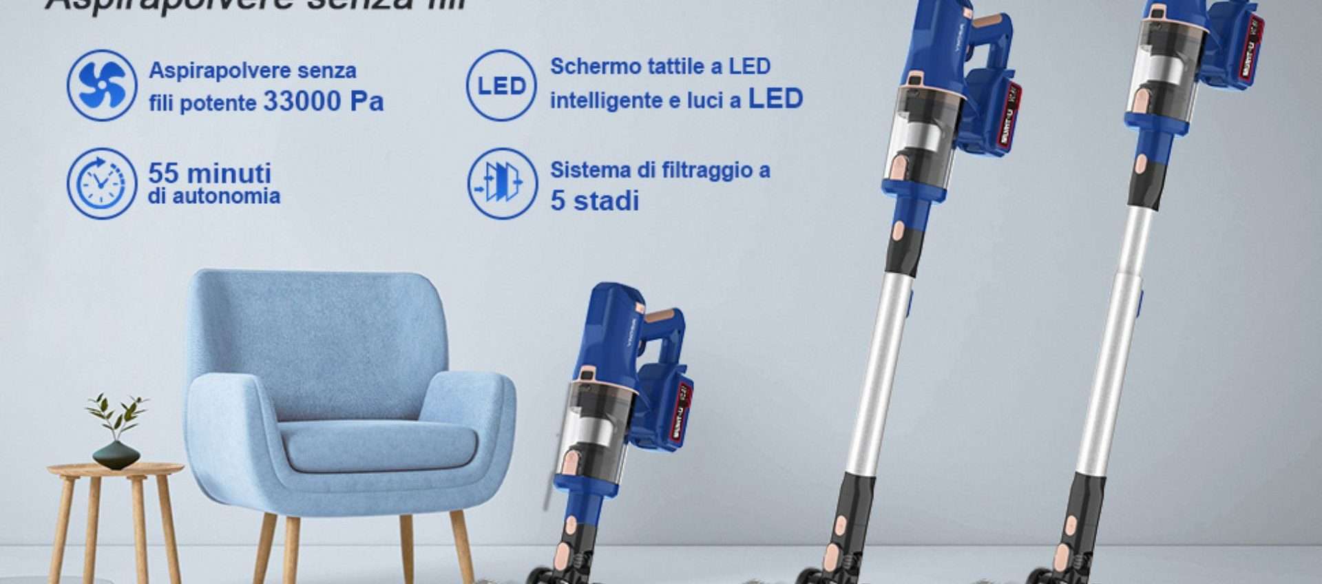 Aspirapolvere senza fili 5-in-1 in offerta: schermo LED e tanti accessori