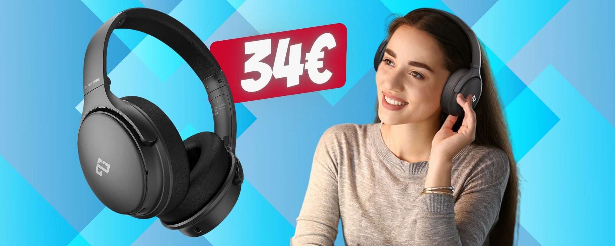 Cuffie wireless con 40 ore di autonomia e cancellazione rumore a 34€