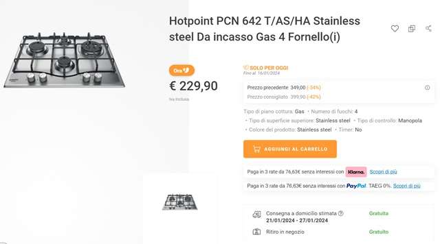 hotpoint piano cottura gas 229 euro unieuro