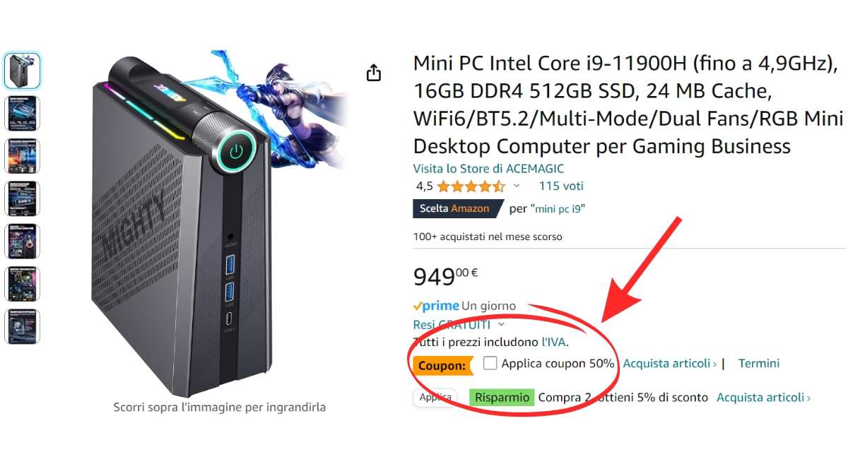 Mini PC con 16GB RAM, SSD 512GB e Intel: coupon sconto  (-70€)