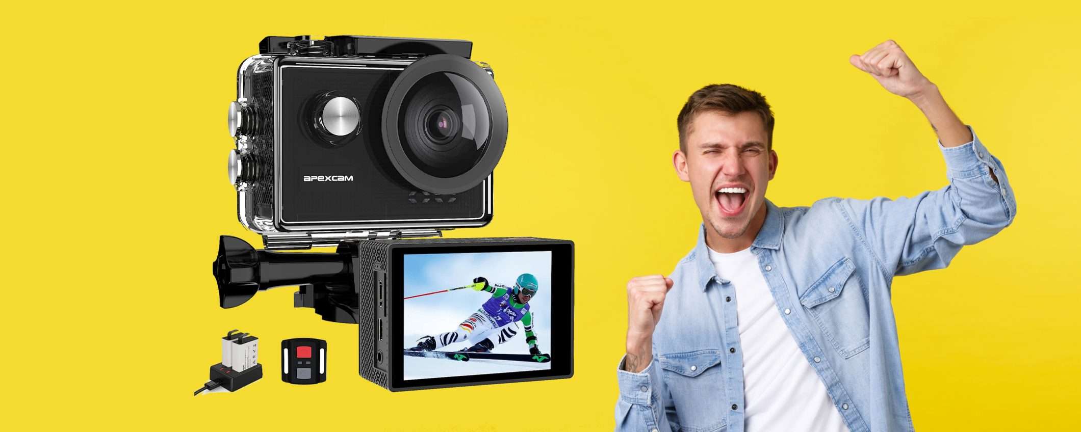 Action Cam 4K UHD con 2 batterie e accessori in sconto WOW