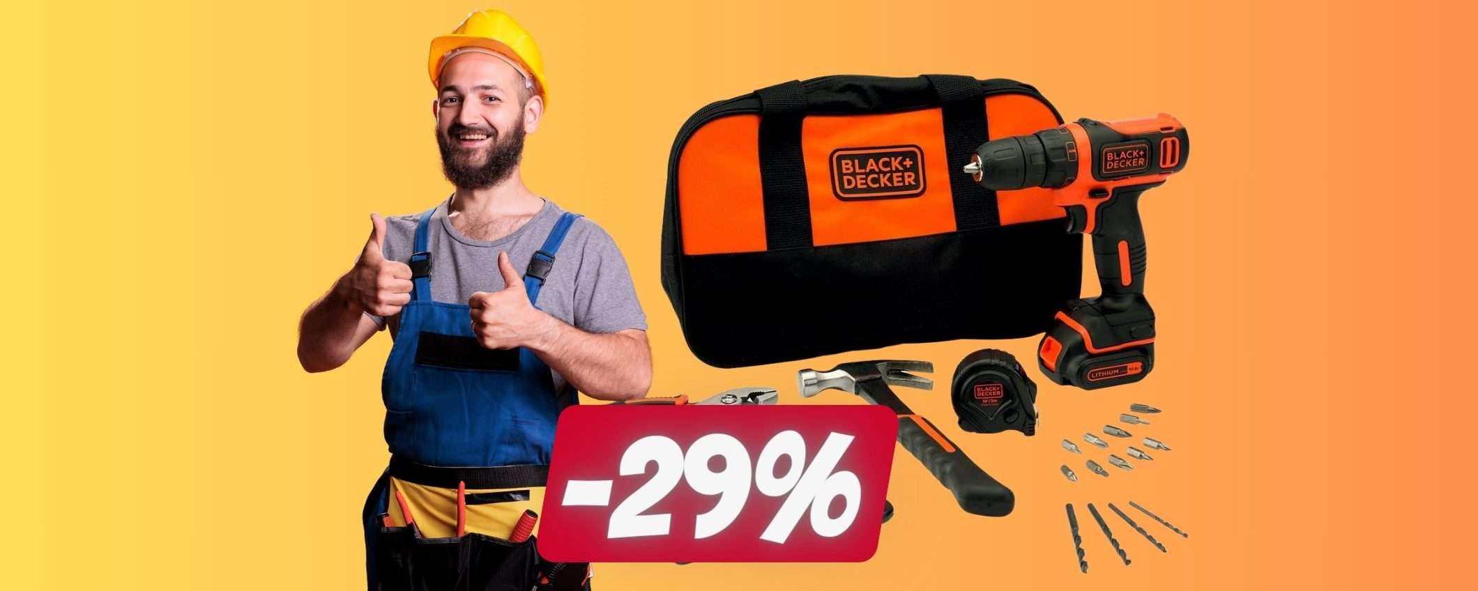 BLACK+DECKER: trapano avvitatore a batteria con accessori (-29%)