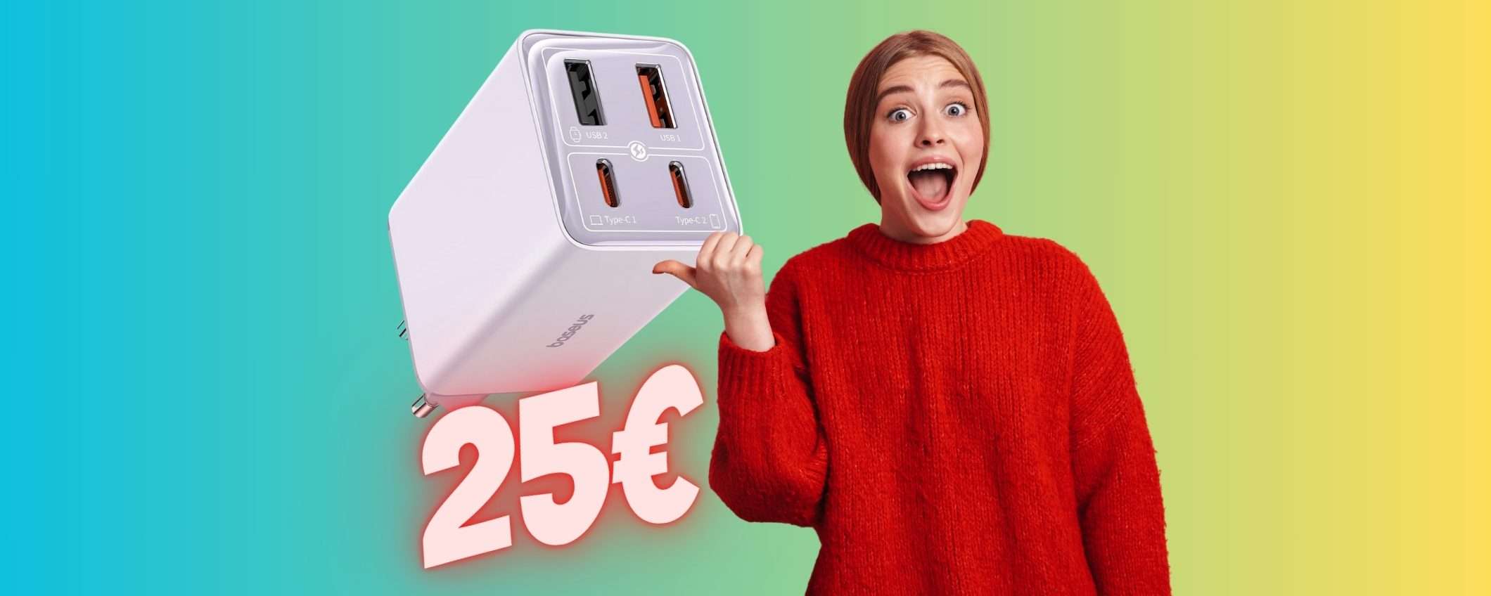 Caricatore USB da 65W e 4 uscite: PREZZO FOLLE Amazon, solo 25€