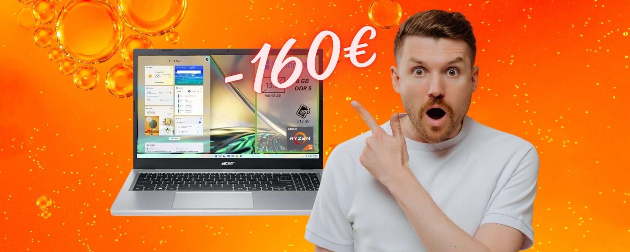 Acer Aspire 3 con Ryzen 5 e SSD da 512GB su Amazon a 160€ in MENO