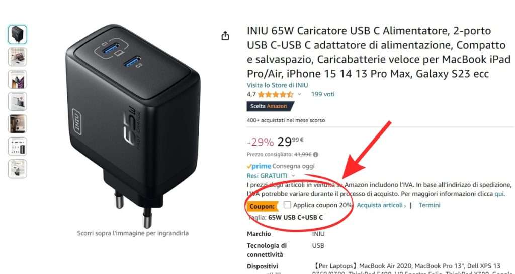 Caricatore USB da 65W e 2 uscite a soli 23€ con il DOPPIO SCONTO