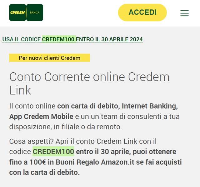 credem banca conto corrente online credem link