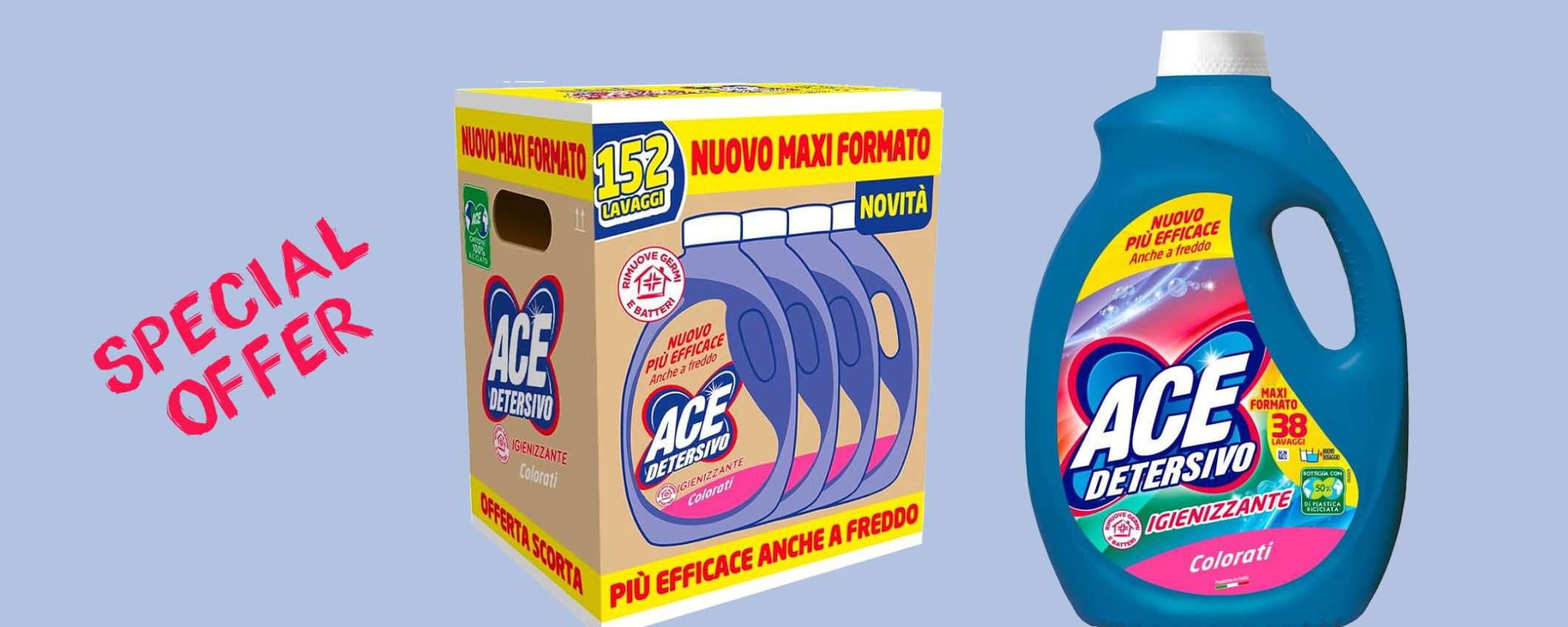 ACE Detersivo Igienizzante Colorati (152 lavaggi): sconto MEGA del 36%