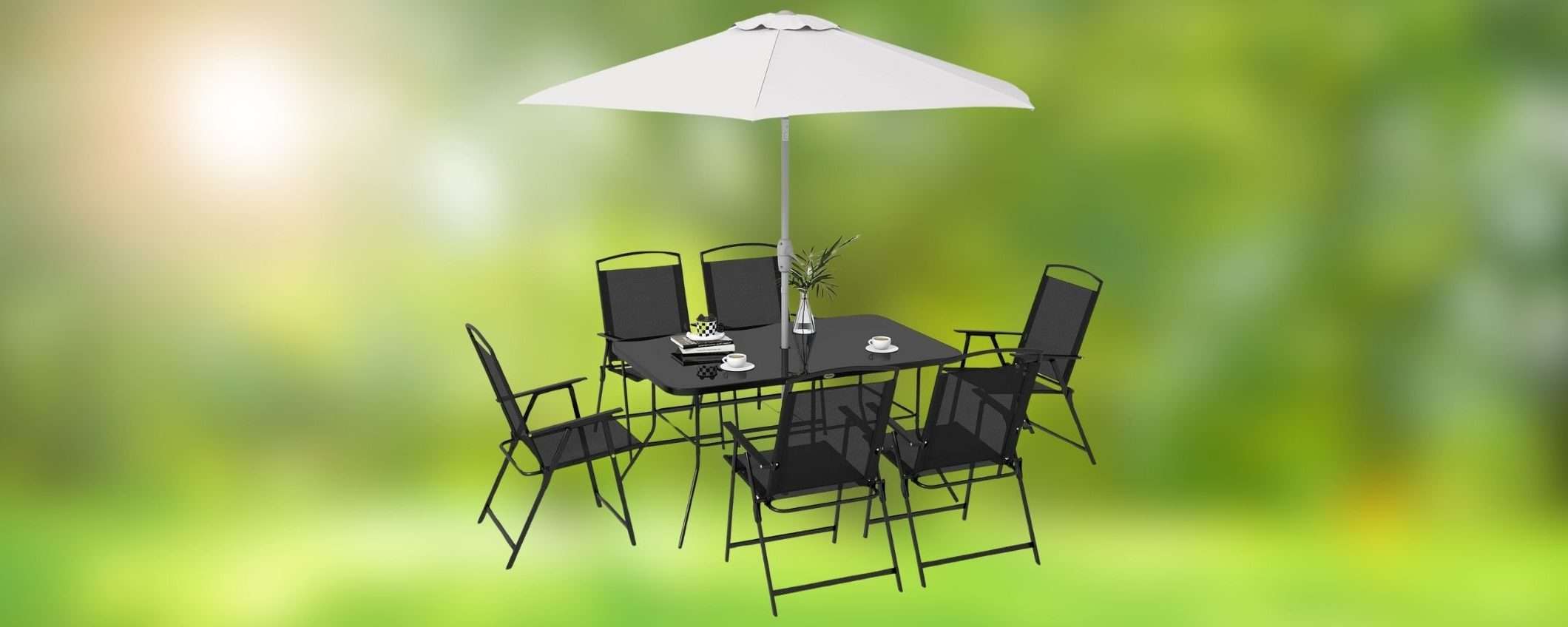 Set da giardino COMPLETO: tavolo, 6 sedie e ombrellone in DOPPIO SCONTO su Amazon